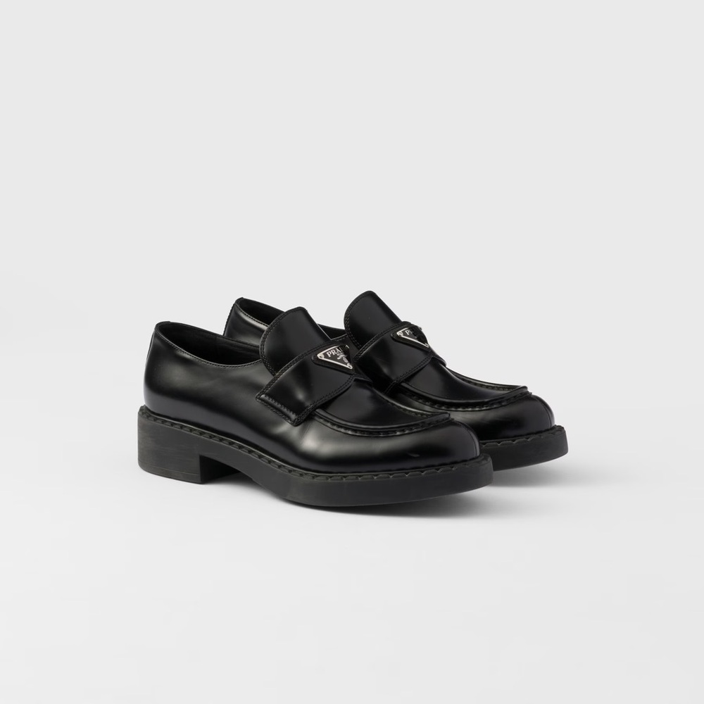 Prada Chocolate Brushed Leather Loafers in Black